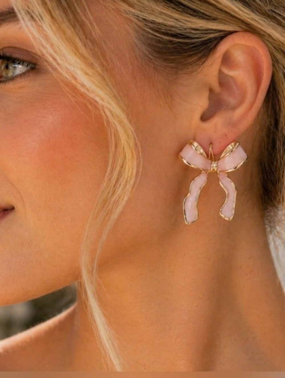 NEW! Chic Delicate Pink Bow Drop Gold Enamel Stud Earrings - Women Jewelry